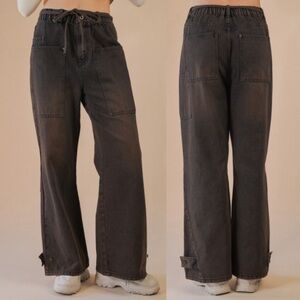 NEW! Brown Prewashed Oversized Wide Leg Jeans with Elastic Waist & Bottom Button